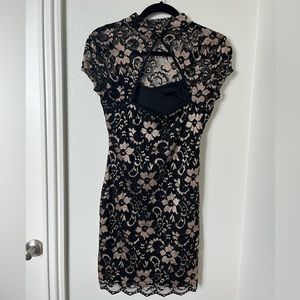 Black and Gold Floral Lace Mini Dress